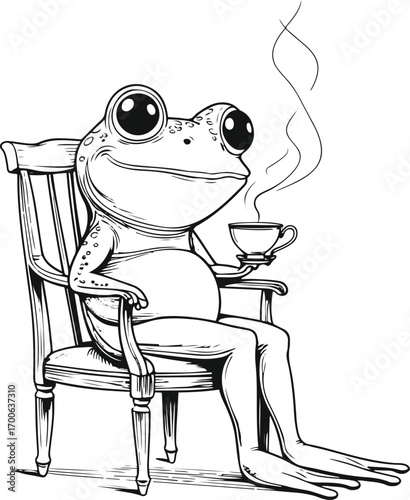 minimalist line art of a relaxed frog sitting on a chair sipping tea, black thick outline