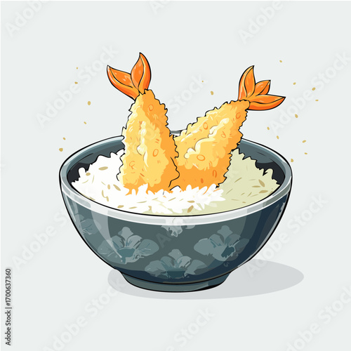Anime Style Tempura Shrimp Rice Bowl Vector Illustration