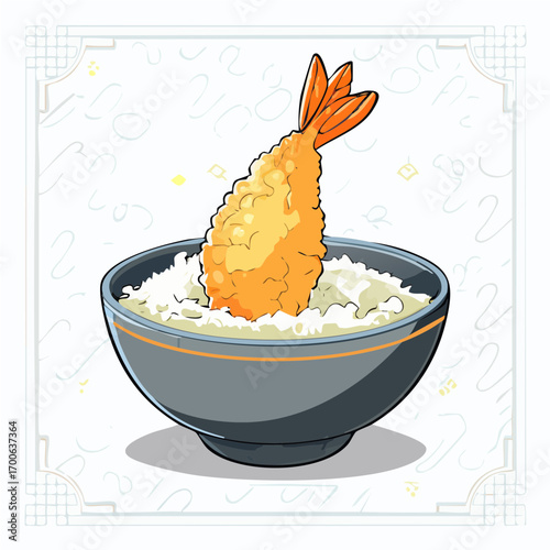 Anime Style Tempura Shrimp Rice Bowl Vector Illustration