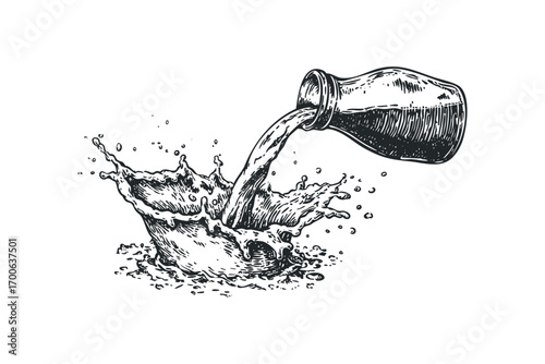 Vintage illustration of liquid pouring from jug with splash. Vector hand drawn illustration