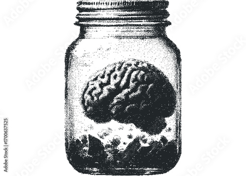 Human brain preserved in a glass jar on a white background. Vector hand drawn illustration