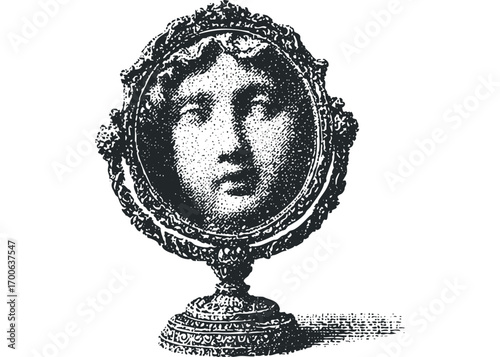 Vintage Oval Vanity Mirror with Etched Female Portrait. Vector hand drawn illustration