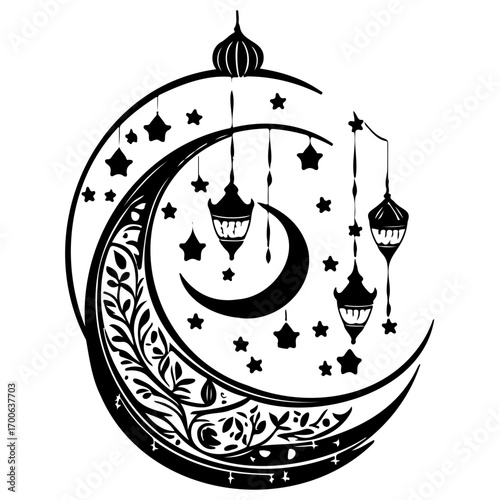 Ramadan Lantern Hanging Crescent Moon illustration sketch draw