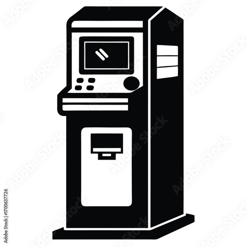 Standalone Black Silhouette of Interactive Information Kiosk with Screen and Buttons, Terminal