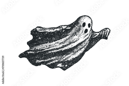 Halftone ghost shape with two eye holes and flowing form. Vector hand drawn illustration