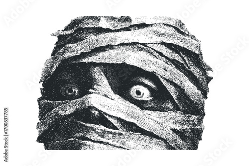 Mummy creature with wide eyes and bandages image. Vector hand drawn illustration