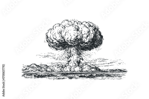 Mushroom cloud explosion over a landscape, ink sketch. Vector hand drawn illustration