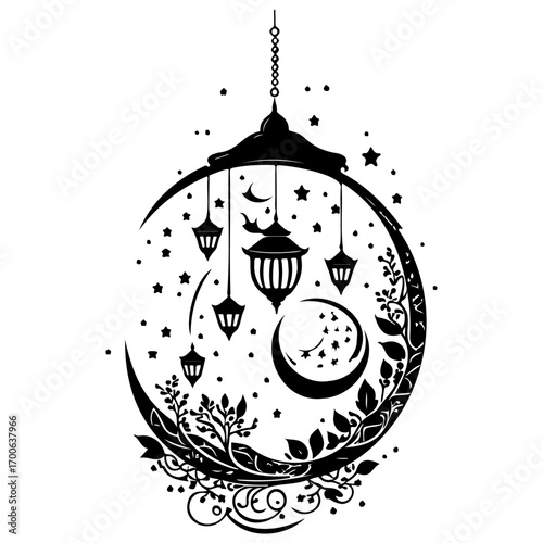 Ramadan Lantern Hanging Crescent Moon illustration sketch hand draw