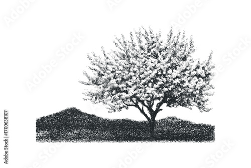 Stippled Tree with Hills on White. Vector hand drawn illustration