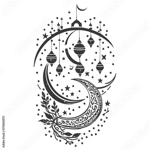 Ramadan Lantern Hanging Crescent Moon illustration grey