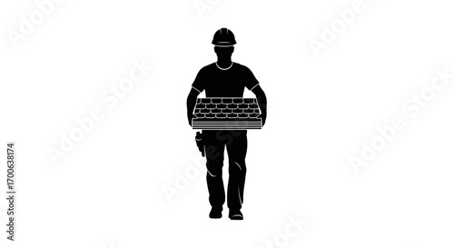 Builder carrying tiles, black silhouette, construction work, transparent background