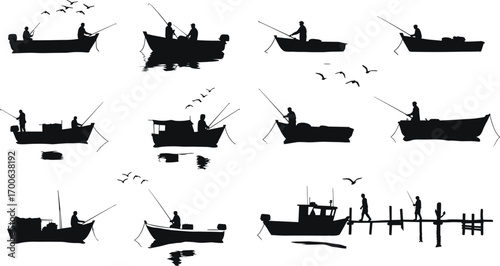 Silhouettes of fishermen in boats, fishing rods, birds flying, water reflections, fishing pier, outdoor activity, leisure, nature, lake, peaceful, fishing scene