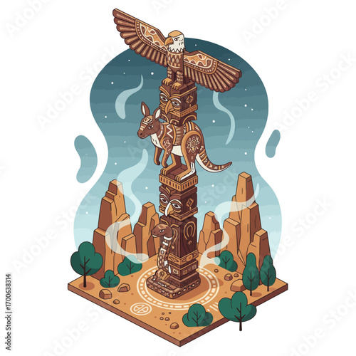 Sacred Aboriginal Ancestral Totem Design with Native Australian Animals and Cultural Symbols in the Outback
