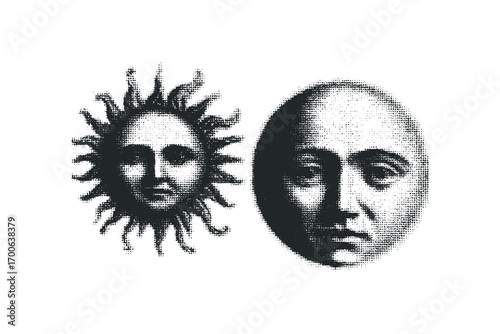 Halftone Style Sun Face and Moon Face Graphic. Vector hand drawn illustration