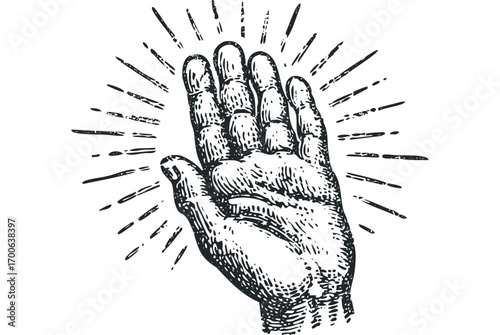 Open Hand Symbol With Sun Rays, Isolated Image. Vector hand drawn illustration