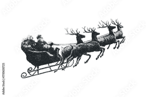 Vintage Santa Claus sleigh with reindeer airborne on transparent background. Vector hand drawn illustration