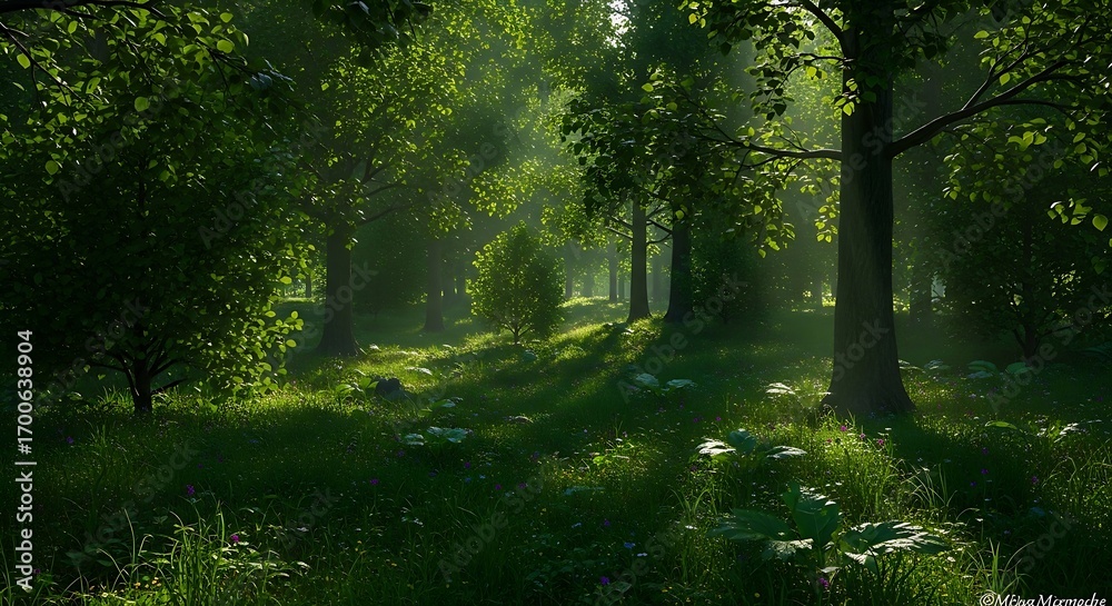 Obraz premium Sunlight filters through the lush green canopy of a serene forest, illuminating the forest floor and creating a peaceful, enchanting atmosphere