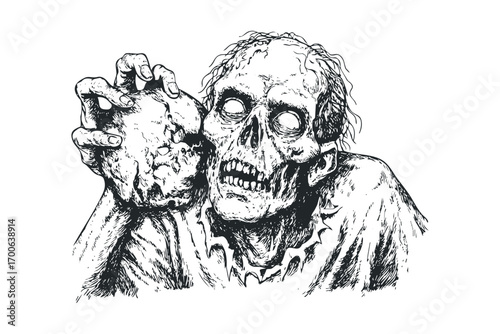 Scary zombie monster with tattered clothes and decaying skin,. Vector hand drawn illustration