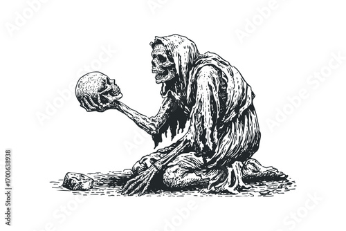 Grim Reaper figure holding a human skull on transparent. Vector hand drawn illustration