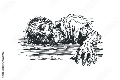Distressed man struggling in water, black and white sketch. Vector hand drawn illustration