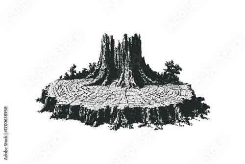 Detailed ink sketch of a weathered tree stump with visible growth rings. Vector hand drawn illustration