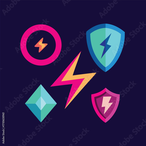 Illustration of game assets with lightning bolt, shield, and gem icons, perfect for game design and development projects