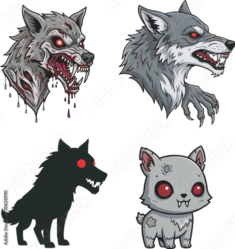 Cute cat transforming into scary werewolf monster illustration, creepy horror fantasy animal character design, evolution concept, cartoon vector art