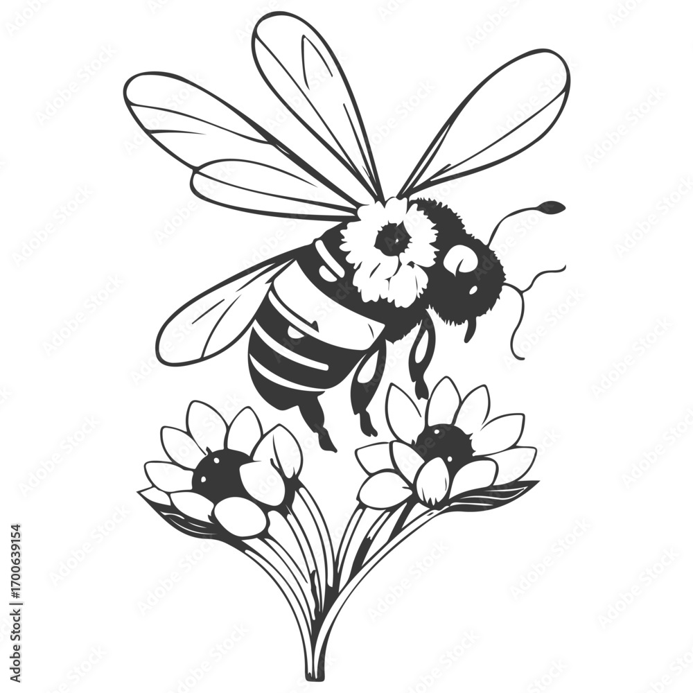 Obraz premium Bee on flower spring illustration grey