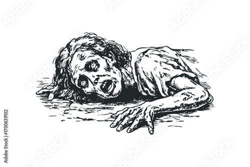 Zombie crawling image, creepy horror monster. Vector hand drawn illustration