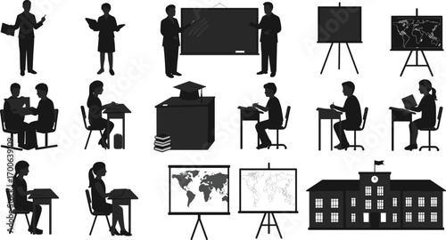 Wallpaper Mural Silhouettes of teachers, students, classroom scenes, school building, desks, books, graduation cap, world map, education, learning, study, academic, lecture, teaching, school environment Torontodigital.ca