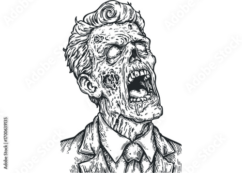 Terrifying zombie man with gaping mouth and decaying flesh image. Vector hand drawn illustration