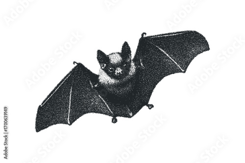 Stylized bat with outstretched wings and stippled texture. Vector hand drawn illustration