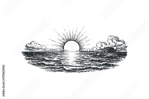 Sun rising over ocean waves with clouds and distant shore. Vector hand drawn illustration