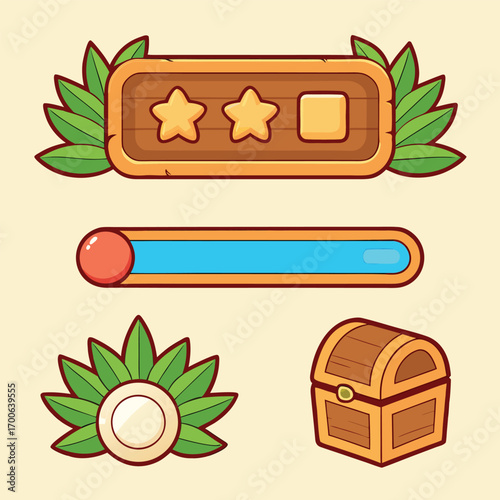 Cartoon game interface elements featuring a wooden score bar, progress bar, coin, and treasure chest, perfect for game development