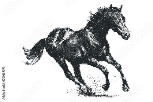 Dark horse gallops across transparent background in textured monochrome. Vector hand drawn illustration