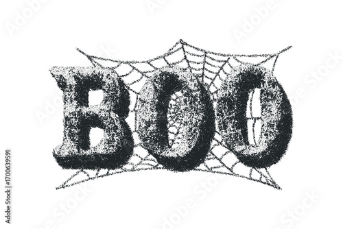 Text BOO integrated with intricate spiderweb texture on transparent. Vector hand drawn illustration