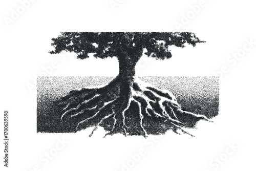 Ancient tree with exposed roots, a symbol of strength and life. Vector hand drawn illustration