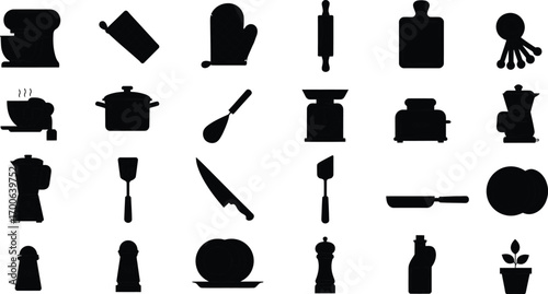 Collection of kitchen utensils and cooking tools silhouettes for food preparation and culinary design vector
