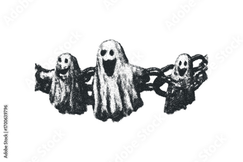 Three ghosts in a chain transparent isolated. Vector hand drawn illustration