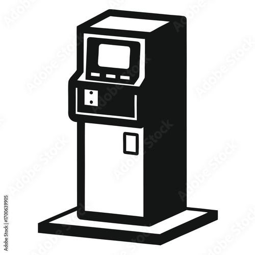 Black and White Illustration of Freestanding Automated Teller Machine With Screen and Buttons