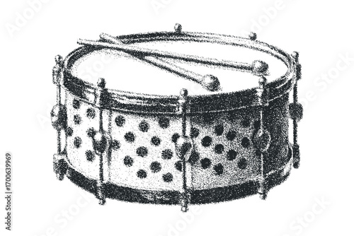 Stippled Snare Drum and Sticks Transparent Image. Vector hand drawn illustration