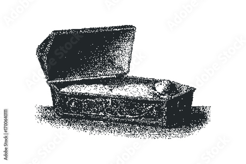 Ornate ancient chest open, showing aged contents inside,. Vector hand drawn illustration