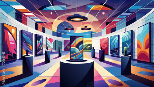 Elegant 360 panorama of a contemporary gallery space, highlighting sleek black pedestals, vibrant paintings, soft track lighting, and spacious white interiors, blending artistic energy with modern arc