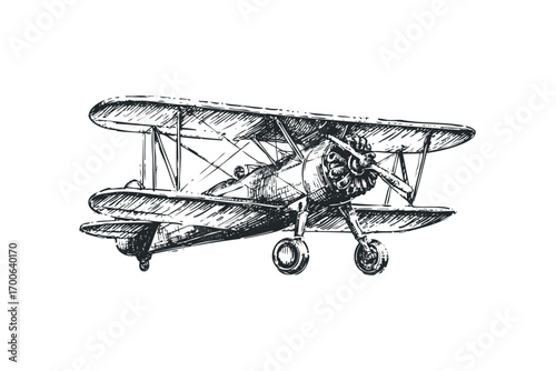 Sketch of a vintage biplane in flight on transparent background. Vector hand drawn illustration