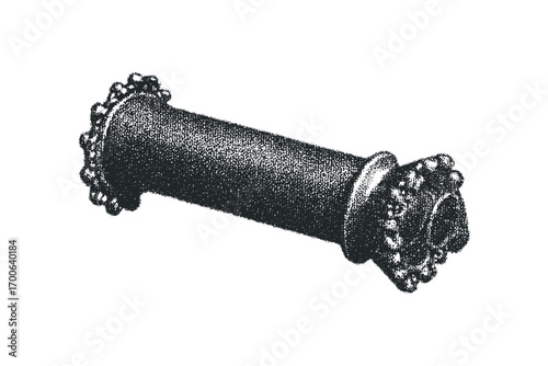 A monochrome stipple drawing of a cylindrical object with decorative ends on a transparent background. Vector hand drawn illustration