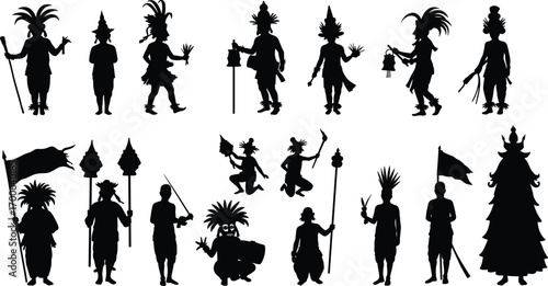 Silhouettes of traditional tribal dancers and ceremonial figures wearing elaborate headdresses, costumes, and holding staffs, flags, and ritual objects, cultural heritage art