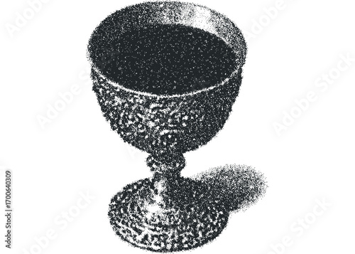 Ornate chalice filled with dark liquid on transparent background. Vector hand drawn illustration