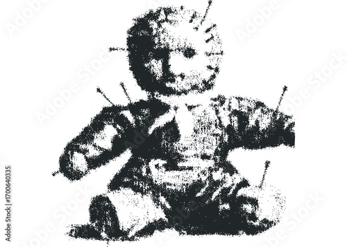 Voodoo doll with pins on transparent background image. Vector hand drawn illustration