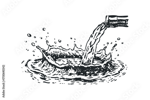 Pouring Liquid From Pipe Creating Splash and Droplets. Vector hand drawn illustration