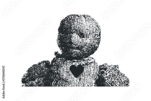 Stippled teddy bear graphic with heart emblem on transparent background. Vector hand drawn illustration